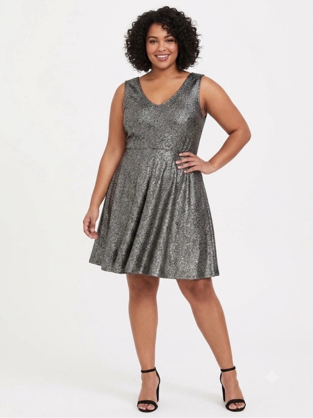 torrid Metallic Silver V‑Neck Fit & Flare Mini Dress